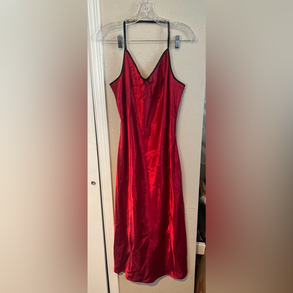 Adonna Dark Red Satin Slip Dress with Black Trim